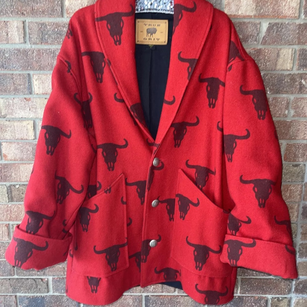 True Grit Red Buffalo Print Wool Coat Size 4 L/XL